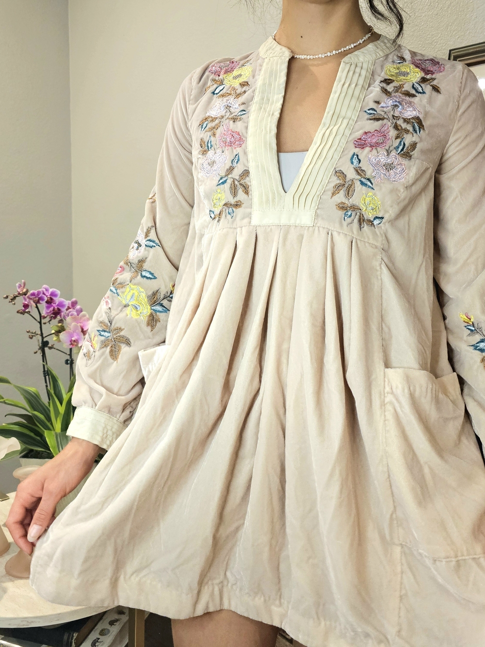 Free People Mia Velvet Embroidered Mini Dress Cream Floral Boho Tunic Pockets